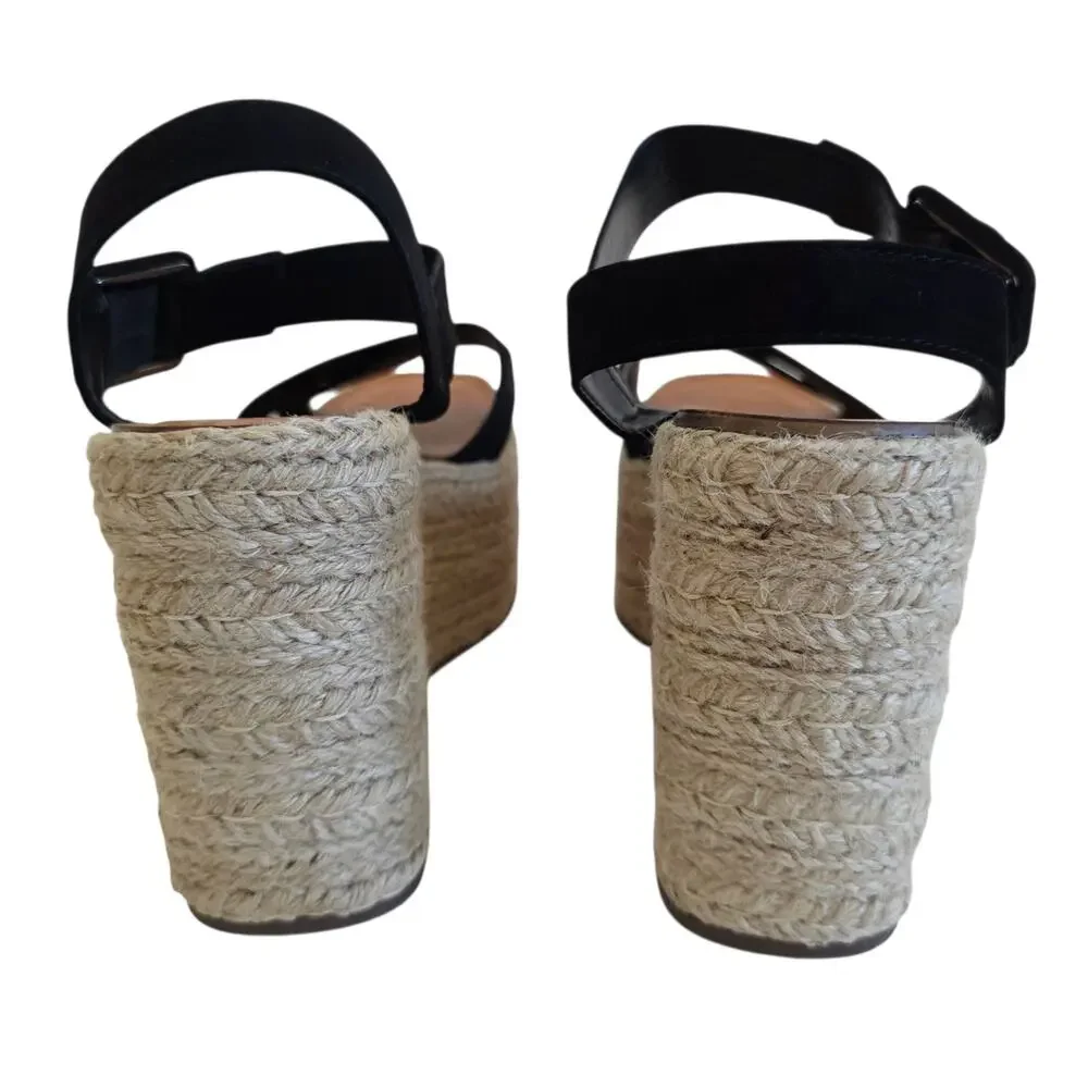 Schutz Blisse Size 9.5 Black & Tan Suede Platform Jute Espadrille Wedge Sandals